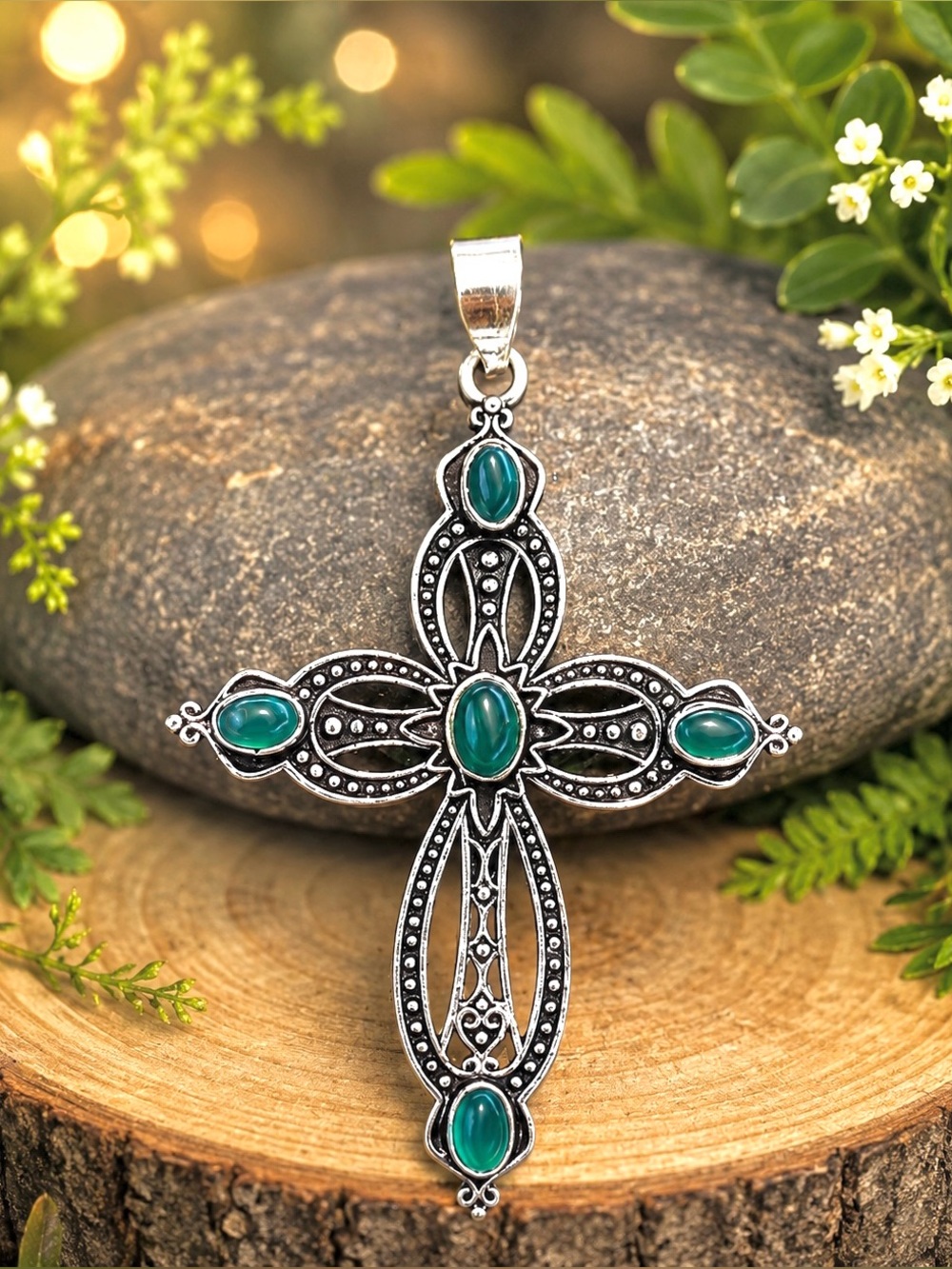 Green Onyx Sterling Silver 2.5” Cross Pendant